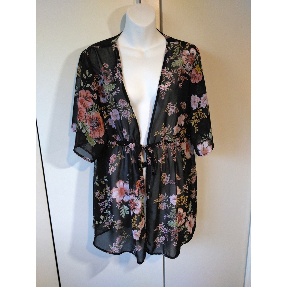 Womens Floral Semi Sheer Kimomo Duster Size L Boho Waist Tie Layering Cover Up